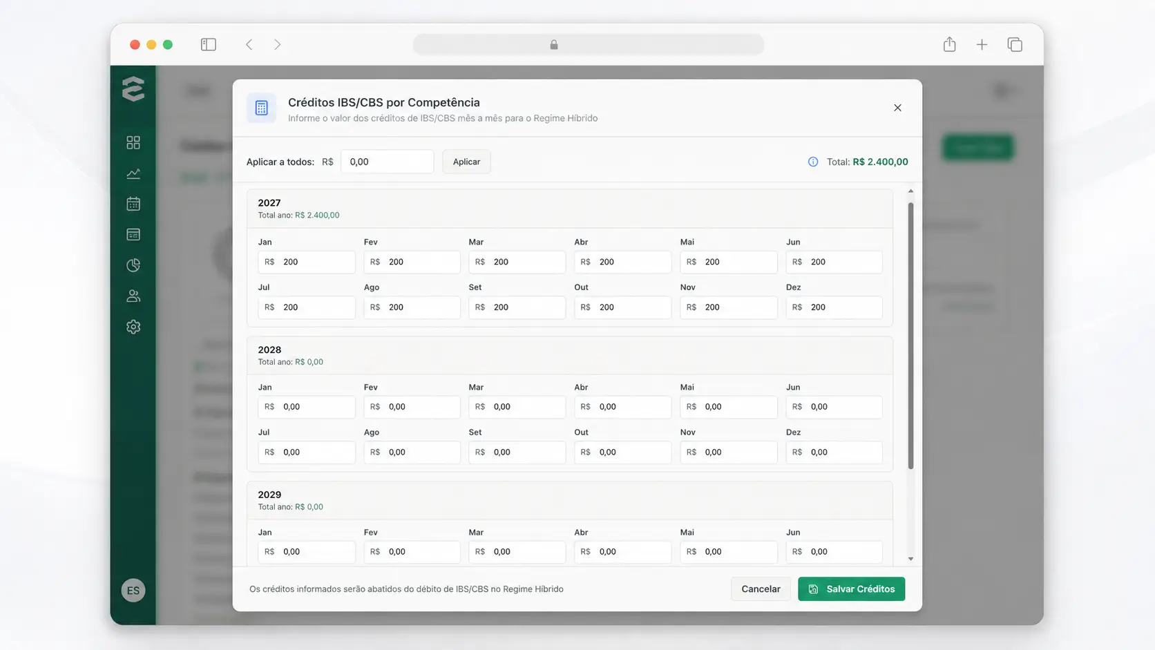 Configuração de créditos IBS CBS por competência