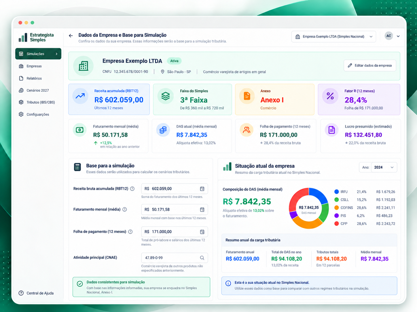 Tela do Estrategista Simples com projeções tributárias de 2027 a 2033 e impacto acumulado